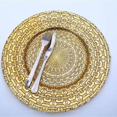 Hot Selling Chain Designed Gold Glass Charger Plate For Wedding Banquet And Hotel