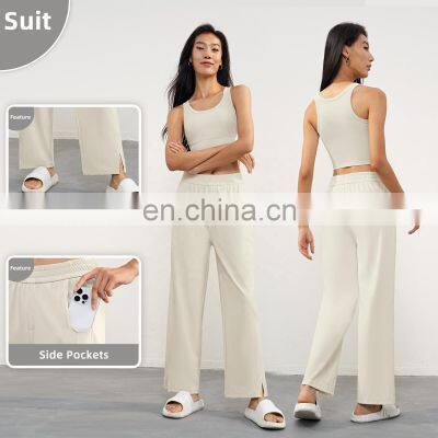 Elastic Waistline Wide Leg Sweatpants For Women Wholesales Sports Fitness Casual Pants With Side Pockets photo-4