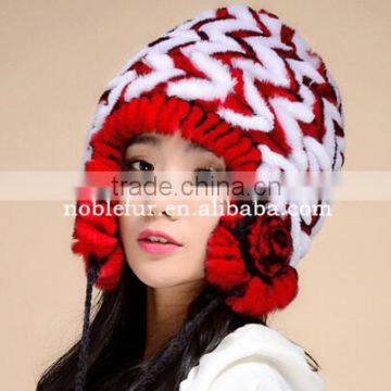 excellent quality colorful rabbit fur thread earflap hat with long string flower ball