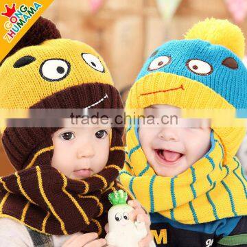 2015 Winter Newest Cute Eyes Embroidery Acrylic Stripe Knit Siamesed Two Piece Set Baby Hat and Scarf photo-2