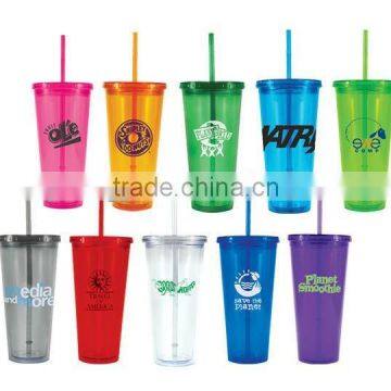 Promotional double wall plastic tumbler with straw and lid