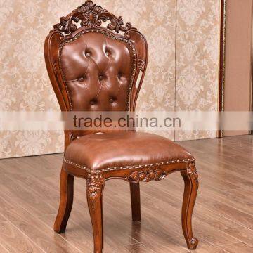 Exquisite European carving rubber wood genuine leather dining chair in brown