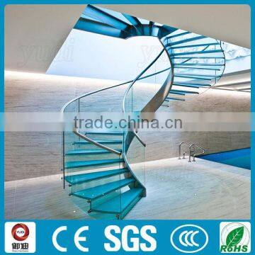 indoor commerical tempered glass curved staircase design