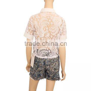 2015 Short Sleeve Ladies Tops Women White Lace Blouse photo-4