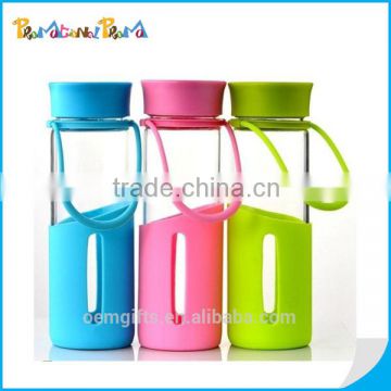 16 Oz. Glass Candy Color Water Bottle With Silicone Strap