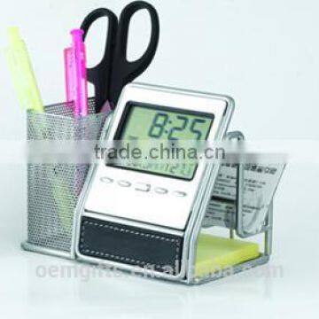 Multifunctional Silver Metal Mesh Pen Holder With Calendar And Business Name Card Holder