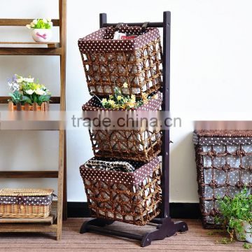 Brown wholesale 3 tiers wood Shelf Hanging Storage Baskets/magazine Rack