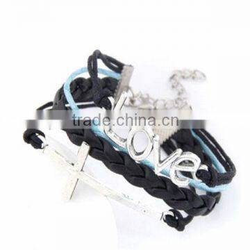 Multi strand braid cross charms alloy leather love bracelet