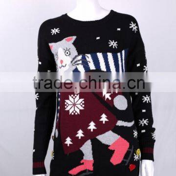 Ladies' New Design Beautiful Round Neck Long Sleeve Pullover Knitted Sweater With Jacquard