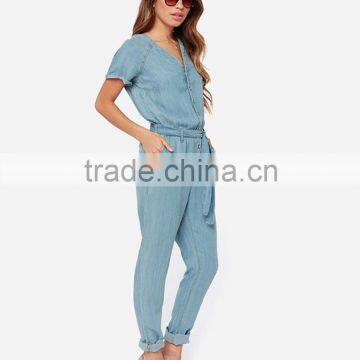 Women Sky Blue Belted Short Sleeve Slim Fit Jumpsuit Romper photo-2