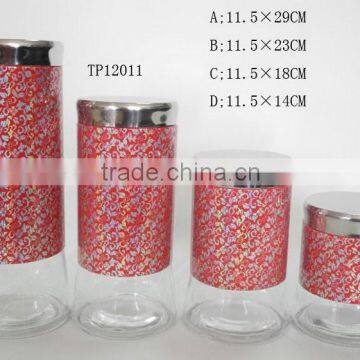 tp12011glass storage jars tea coffee sugar canister with red coating