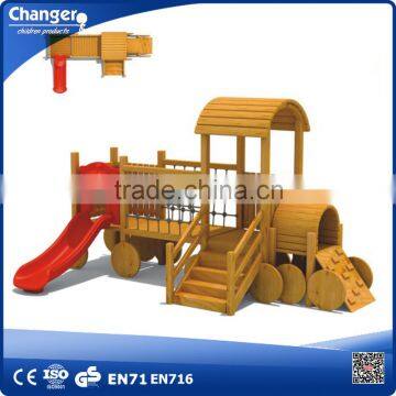 new design wooden train playground, wooden playground equipment, kindergarten playground slide