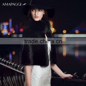 Fashion black knitted mink fur cape shawl with lamb cashmere