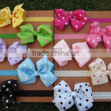 Fashion Baby Lace Headband Lace Headbands with 4''Baby Ribbon Polka Dot Bows