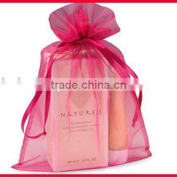 pink cosmetics organza bag with ribbon drawstring