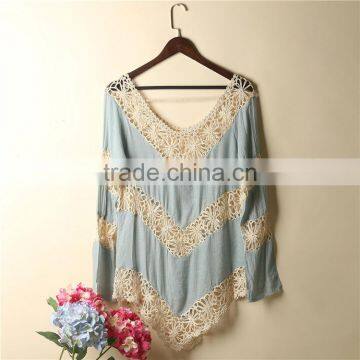 New pattern stiching chiffon crochet women's bikini blouses, long sleeve stiching sexy backless tops