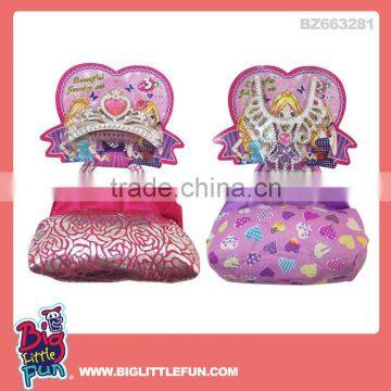 Princess pretend handbag with toy princess crown and jewelry