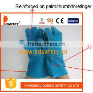 DDSAFETY 2017 Green Cow Split Safety Gloves With Reinforced Blue Leather Palm Glove