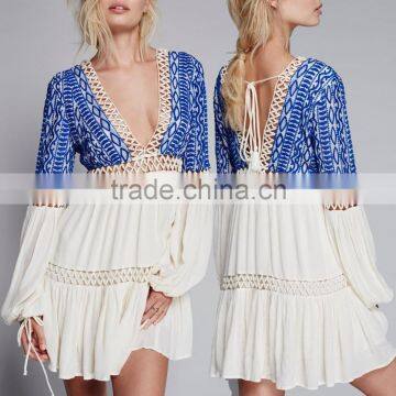 Sexy Boho Machine Embroidery Deep V-neckline Long Sleeve Rayon Mini Dress Designs Names Of Ladies Dresses 2016 HSD5779