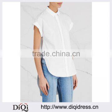 Wholesale Women Apparel Split Back Turn-up Cuffs Cap Sleeves White Cotton Shirt(DQE0364T)