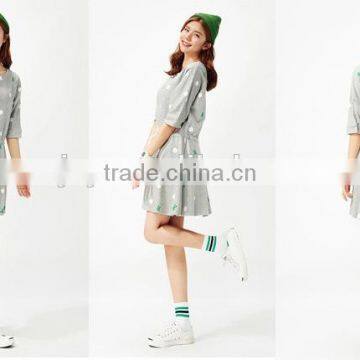 Female Money Shallow Hemp Grey Knitted Rabbit Dot Printing on the Waist Rope Bat Sleeve Dress photo-3