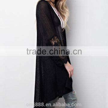 Custom Women Knitted Long Open Lace Trim Cardigan photo-2