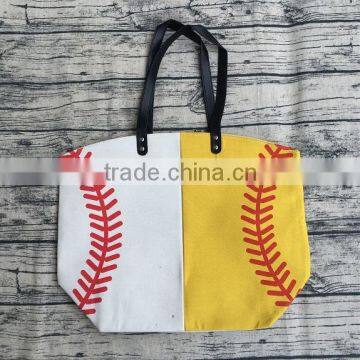 wholesale printed softball baseball tote canvas cotton personalized totes bag for moms football bags with leather handles