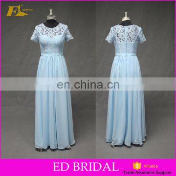 Wholesale Online Real Sample Short Sleeve Lace Top Full Length Blue Long Bridesmaid Dress