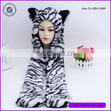 Full Animal Hood Hat Winter Warmer Mittens Cap Faux Fur Tiger Hoods