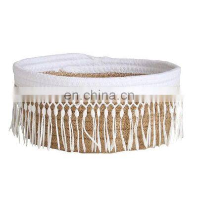 Hot Sale Cute Cotton Woven Storage Basket With Macrame Tassels, Hand Woven Cosmetics Basket photo-4