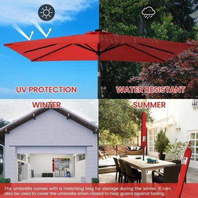 Crank 9FT Solar LED Central Pole Garden Umbrella Eco Polyester Fiberglass Ribs Patio Wholesale