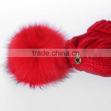 Wholesale Fashion Ladies Printed Real Fur Detachable Pom Pom Beanie Cap