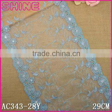 Factory fashion cheap blue beaded 29cm nylon double side embroidery Lace fabric for woman clothes decoration