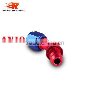 Aluminum oil cooler push on fitting 45 degree push on hose end blue and red 10-045-10