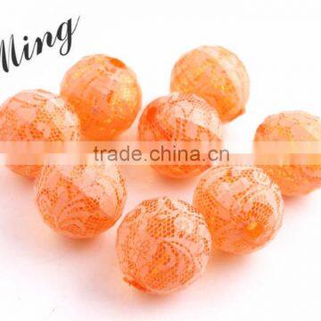 Orange Color Chunky Acrylic Round Transparent Disco Faceted Print Lace Beads for Jewelry Making Supplier