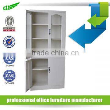 Double glass swing door steel cupboard, glass display metal cabinet