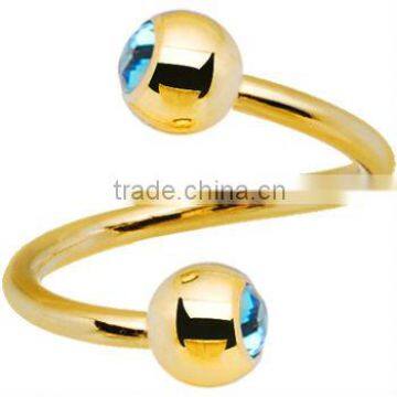 New 16 Gauge Gold Plated Aqua Gem Spiral Twister Ring