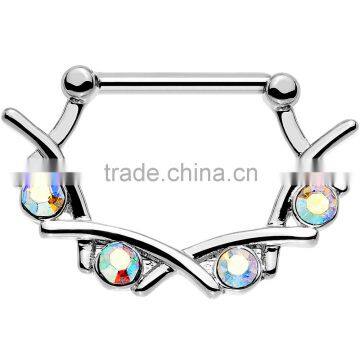 Pink/Aurora Gem Steel Rose Gold Plated Jagged Quartet Nipple Clicker photo-3