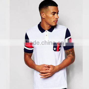 polo shirt with stripe sleeve and flag pocket print