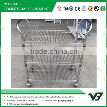 2015 hot sell NSF 36x18 inch 3 layer chrome double handle wire hand trolley with wheels (YB-WS036)