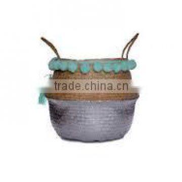 High quality best selling eco-friendly silver dipped seagrass belly basket with mint pom pom from Vietnam