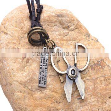 Genuine Leather Necklace with Antique Brass Scissor Pendant.