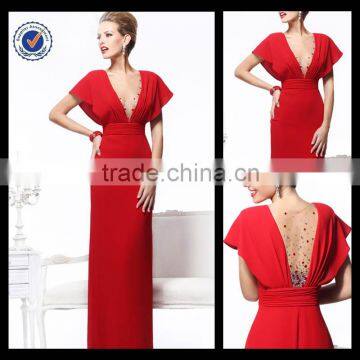 E0196 V-Neck Empire Waist See Though Back Long Red Bat Sleeve Evening Dress