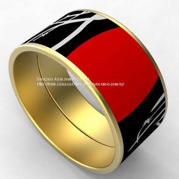 Black And Red Enamel Stainless Steel Bangle Bracelet Gold Plated