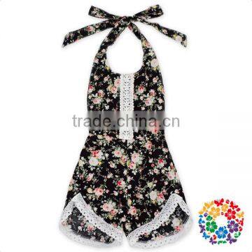 Kids Girls' Lovely Summer Jumpsuit Black Floral Lace Trim Short Rompers photo-2