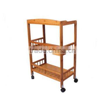 Wholesale Bamboo Kitchen Cart New Mobile Dining Car With Baskets, Shelves and 8-Slot Wine Bottle Holder photo-6