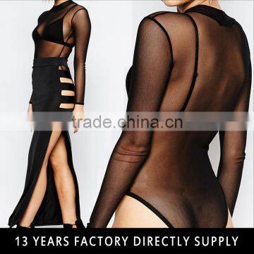 Sexy transparent black thong nylon bodysuit for mature women