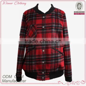 Classic red black plaid wool blend women bomber jacket