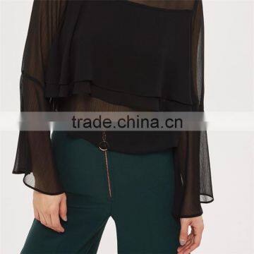 Gorgeous Cropped Flute Crinkle Sleeve Black Semi Sheer Blouse photo-3
