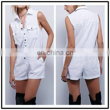 Korean Pants Design Pocket Turn-Down Collar White Jumpsuit Women Summer 2015 NT6788